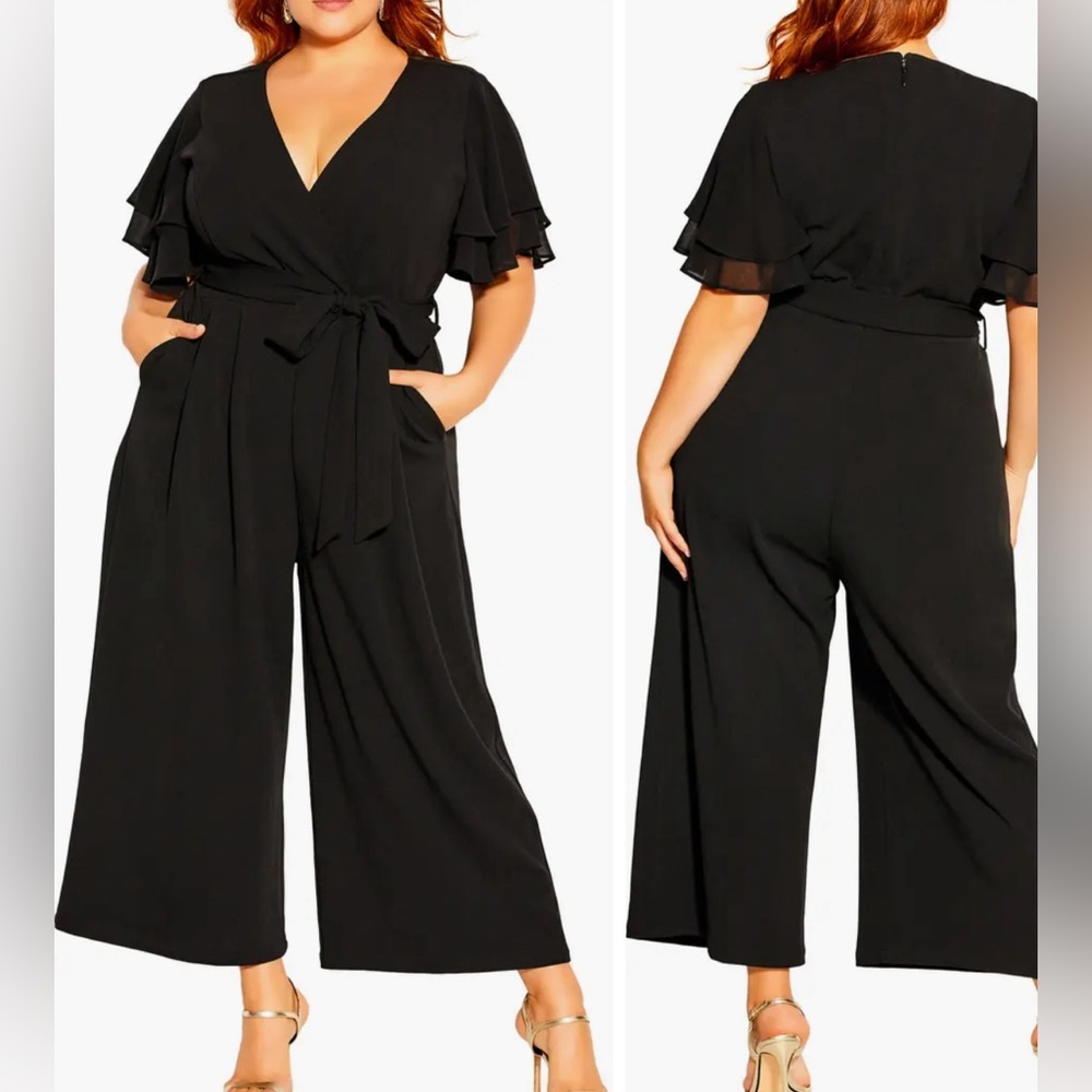 City chic Black Wide Leg-Flutter Sleeve Jumpsuit Sz 24